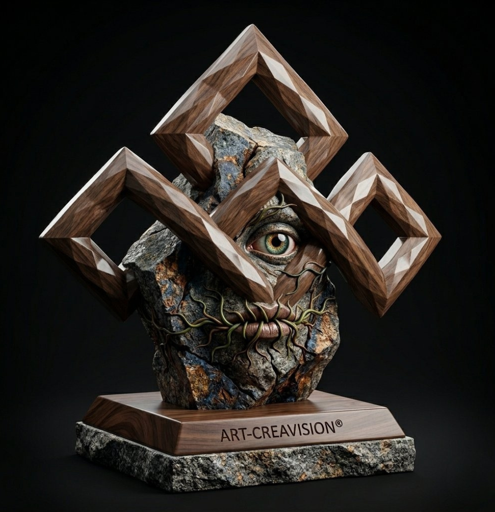 STRUCTURE — Sculpture unique N°002 en Granit et Noyer, cubes géométriques, 385 €
